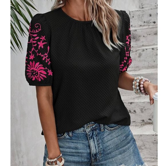 Embroidered Puff Sleeve Blouse Floral Round Neck Casual Chic Black With Fuchsia - Picture 1 of 5